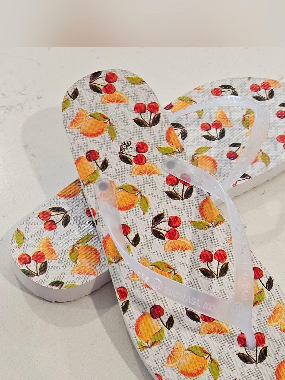 Michael Kors White Flip Flops with Orange and Cherry Print Size 10
